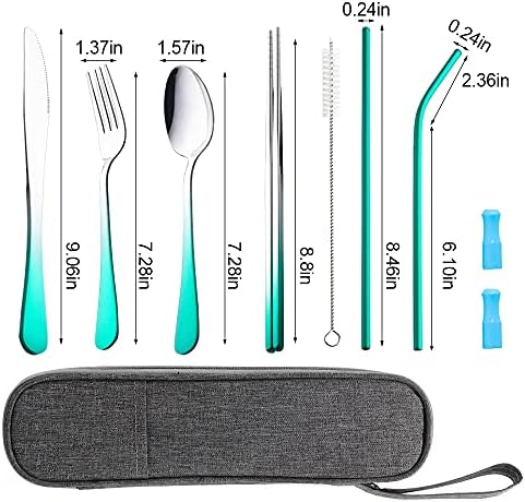 Travel Utensils Set with Case Reusable Portable Cutlery Set Stainless Steel 8pcs Including Dinner Knife Fork Spoon Chopsticks straws(Gradient Green) - Image 3
