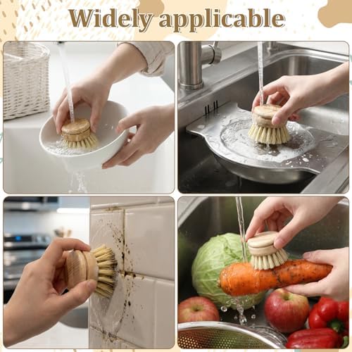 8 Pcs Bamboo Dish Brush with Handle, Natural Sisal Bristle Scrubber Includes 7 Replacement Brush Heads Wooden Kitchen Dish Brushes for Pots, Pans, Bowls, Dishes Cleaning - Image 7