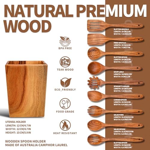 Gudamaye 13 inch Long Wooden Spoons for Cooking, 9 PCS Natural Teak Wooden Kitchen Utensil Set with Utensils Holder Made of Australia Camphor Laurel Wood，Wooden Utensils for Cooking - Image 2