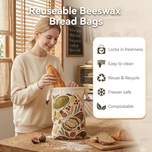Bread Bag for Homemade Bread - 2 Packs XL Reusable Organic Beeswax Natural Cotton Sourdough Bag, Homesteading Essentials Sourdough Bags with Sealing Zip to Keep Fresh(13×17 Inches) - Image 2