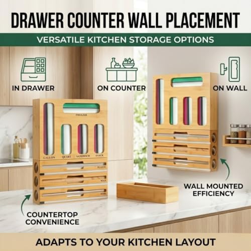 9 in 1 Bamboo Storage Bag Organizer for Kitchen Drawer, Bamboo Kitchen Drawer Organizer with Cutter, Foil and Plastic Wrap Dispenser, Ideal Storage for Gallon, Quart, Sandwich and Snack Bags - Image 5