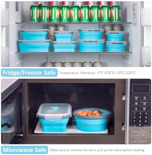 8 Pack Collapsible Food Storage Containers with Lids, Silicone Collapsible Food Containers, Collapsible Storage Containers Sets for Snack Camping RV, Microwave Freezer Dishwasher Safe, Blue - Image 4