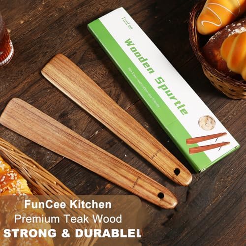 2 Pack Teak Wood Spatula, 12 Inch Wooden Spoons for Cooking, Sourdough Starter, Flat Steak Turner, Dough Whisk Spurtle Baking Utensil, Heat Resistant Spatulas for Cast Iron Flipping, stirring, Turning - Image 5