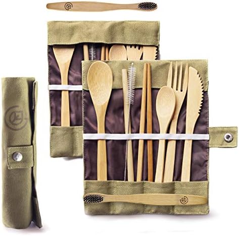 GREENZLA Bamboo Travel Utensil Set | Double Pack | 2 Canvas Bags by GREENZLA