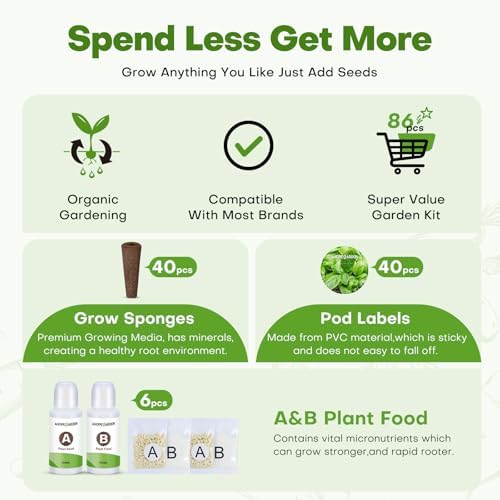 Ahopegarden 86PCS Hydroponic Pods Kit: Grow Anything Herb Kits with 600ml A&B Plant Food, 40 Grow Sponges, 40 Labels, 1 Tweezer - Hydroponics Supplies for Aerogarden&Most Brand Herb Garden - Image 3