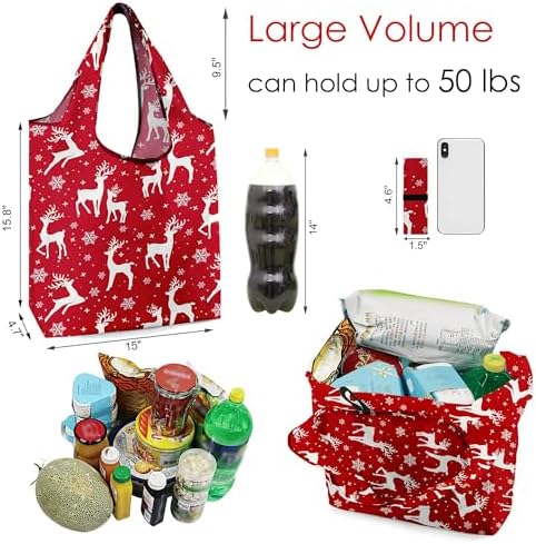 BeeGreen Christmas-Reusable Shopping Bags 12 Pack with Zipper Storage Pouch Christmas-Gifts Grocery Bags Bulk 50LBS X-Large Foldable Machine Washable Santa Deer Snowman - Image 2