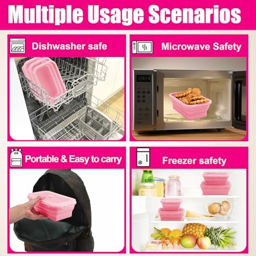 4 Pack Collapsible Silicone Food Storage Containers with Lids, Pink - Image 5
