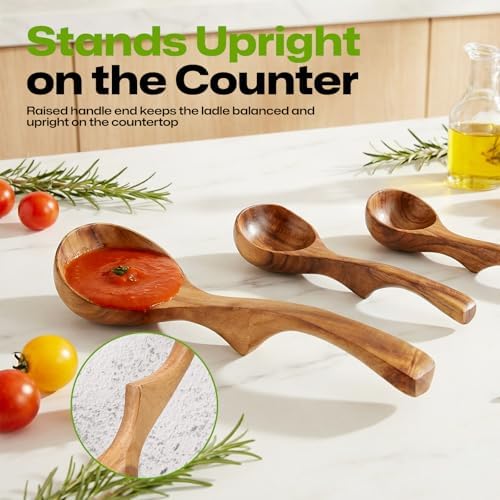 AIUHI Wooden Ladle Spoon Set, 3Size Teak Wood Ladle Spoon, Wooden Soup Spoon for Cooking, Non-Stick, Comfortable Grip for Cooking and Serving - Image 5