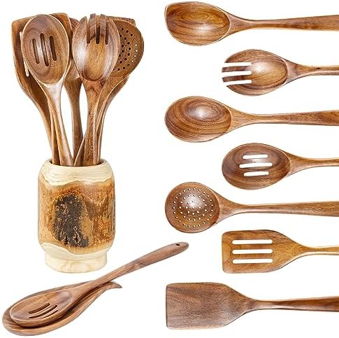 Gudamaye 13 inch Long Wooden Spoons for Cooking,Wooden Utensils for Cooking with Utensils Holder,9 PCES Wooden Kitchen Utensils Set with Utensils Holder and Spoon Rest,Natural Teak Wooden Spoons Set by Gudamaye-WoodenUtensilsSets