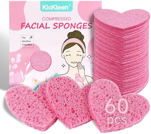 60-Count Kickleen Compressed Cellulose Heart Shape Facial Sponges,Pink by KICKLEEN