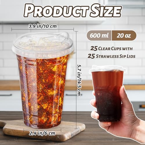 Qinsihwn 20 oz Clear Plastic Cups with Strawless Sip Lid,25 Sets Disposable Iced Coffee Cups with Lids,Disposable Clear Plastic Cups with Lids for Iced Coffee,Smoothie,Cold Drinks for Party - Image 2