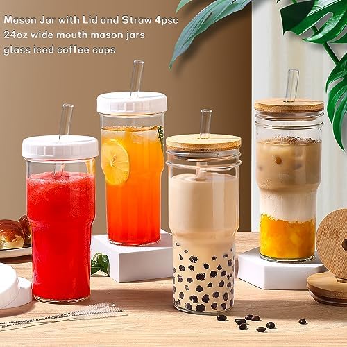 DWTS DANWEITESI Mason Jar with Lid and Straw,24 oz Iced Coffee Cup with Bamboo Lid and Straw,Boba Cups Smoothie Tumbler-Wide Mouth Reusable Glass Cups with Lid and Straws【4 Pack】 710ml - Image 4