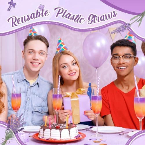 Honeydak 50 Pcs Reusable Plastic Straws Bulk,Purple and White Stripe - Image 5