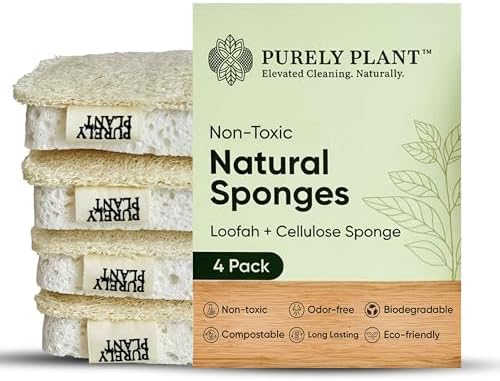 Purely Plant Loofah Dish Sponge 4 Pack– Non Toxic, 100% Plastic Free, Compostable,Loofah & Cellulose Premium Kitchen Scrubber,Biodegradable,Durable, Non-Scratch Scouring Luffa for Dishes, Sink&Tile by Unknown