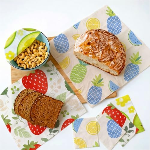 Reusable Beeswax Wraps, Strawberry Lemon Pineapple Wraps, 9 Pack Sandwich, Bowl, Bread, Eco-Friendly, Organic, Sustainable, Zero Waste, Plastic-Free, 1XL, 3M, 5S - Image 4