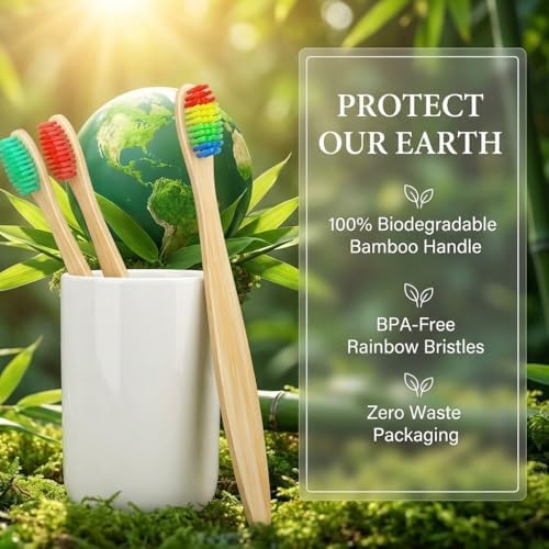 10 Vibrant Colors Bamboo Toothbrushes | BPA Free Soft Bristles Toothbrushes | Biodegradable & Compostable Eco-Friendly Toothbrushes | Natural Wooden Toothbrush - 100% Recycled Packaging - Image 5