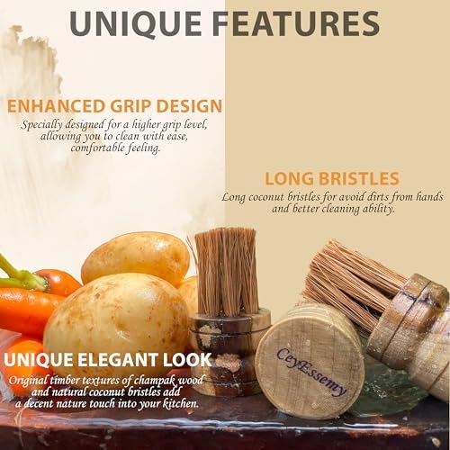 2 Pack Vegetable Brush Dish Scrubber Wooden Dish Brush for Kitchen Natural Coconut Fiber Bristles Champak Wooden Handle Brush for Sink, Dishes, Pans Fruits and Vegetables Cleaning Brush - Image 3