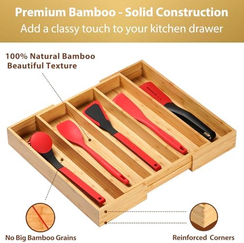 Umilife Expandable Kitchen Drawer Organizer, 2.5" High Bamboo Utensils Silverware Tray, Adjustable Large Deep Wood Organization Holder - Image 3