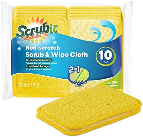 Scrub and Wipe Cleaning Pads [10 Pack] – SCRUBIT Dual Sided Scouring Pad and Sponge - Reusable Kitchen Scrubbing Sponges for Dishes, Pots, Pans Utensils & Non-Stick Cookware (Yellow) by SCRUBIT