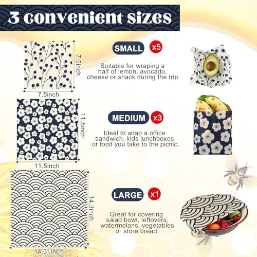 Tigeen 9 Pack Reusable Beeswax Wrap for Food Chinoiserie Beeswax Paper for Sourdough Bread Cheese Paper Wrapping Wax Cloth Food Wraps Bread Sandwich Wrapper 1 XL 3 Medium 5 S(Beige,Japanese) - Image 2