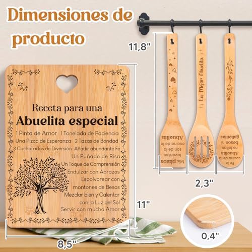 Regalos de cumpleaños para Abuelita - "Receta para una Abuelita especial". Juego de tablas de cortar y utensilios de bambú grabados. Regalos de cumpleaños para Abuelita. Spanish Grandma Cutting Board - Image 5