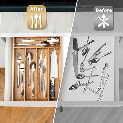 Besilord Silverware Organizer Kitchen Drawer Organizer Utensil Organizer Acacia Silverware Holder Cutlery Organizer in Drawer Flatware Organizer Tray(5 slots, Acacia - Image 5