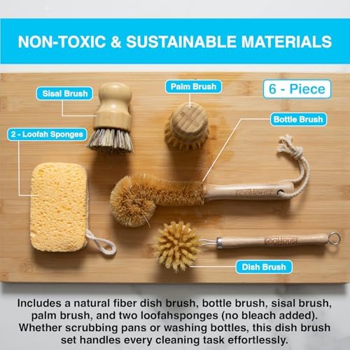 ECOHOUSE SUPPLY™ Bamboo Dish Brush Set – 6-Piece Natural Fiber Kitchen Brush Set with Loofah Sponges (No Bleach), Sisal & Palm Scrubbers – Non-Toxic, Eco-Friendly, Plastic-Free Dish Cleaning Brushes. - Image 3