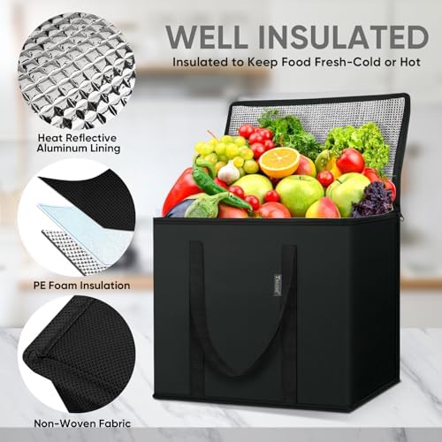 BALEINE 2Pk Insulated Reusable Grocery Bags, Collapsible Cooler Bag for Groceries, Heavy Duty Large Insulated Bag (16''x9''x13'', Charcoal Black) (Pack of 3) - Image 2