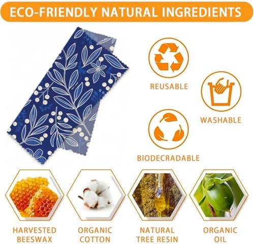 Reusable Beeswax Wrap, Blue Botanical & Floral Wraps, 9 Pack Eco-Friendly Food Storage for Sandwich, Bread & Bowl, Organic Cotton, Sustainable, Zero Waste, Plastic-Free, 1XL, 3M, 5S - Image 3