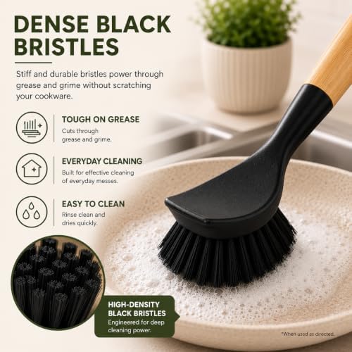 Kitchen Simple Bamboo Dish Brush with Built-in Scraper, 2 Pack Kitchen Brushes, Dense Black Bristles, Comfortable Grip, Hanging Rope, Scrub Brush for Pots, Pans, Dishes & Sink - Image 3