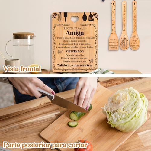 Regalos de cumpleaños para Amiga - "Receta para una Amiga especial". Juego de tablas de cortar y utensilios de bambú grabados. Regalos de cumpleaños para Amiga. Spanish Friend Cutting Board - Image 4