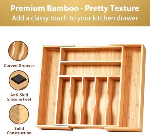 Umilife Large Expandable Kitchen Silverware Utensils Drawer Organizer, 2.5" Extra High Adjustable Drawer Divider with Curved Grooves, Bamboo Wood Cutlery Tray Flatware Holder - Image 3