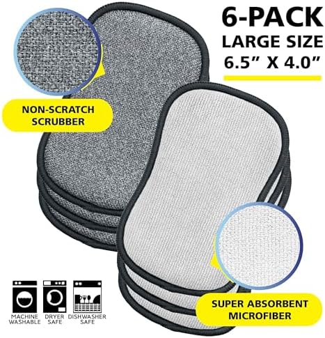 Fresh Scrub-N-Wipe Pad by Tuff-Scrub, 6-Pack, Antimicrobial & Charcoal Foam for Odor Control, Microfiber, Multi-Surface, Non-Scratch, Dual-Sided, Machine Washable, Kitchen Sponge (Large) - Image 2