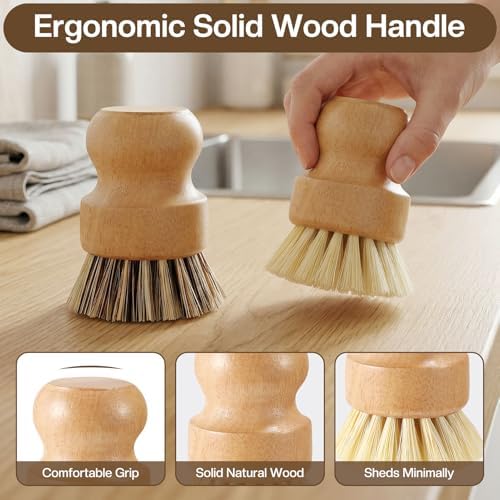 Wooden Dish Brush Handheld Bamboo Wok Brush Scrubber for Dishes Pans Pots Fruit and Veggie Washing(2,Beige and Brown) - Image 4