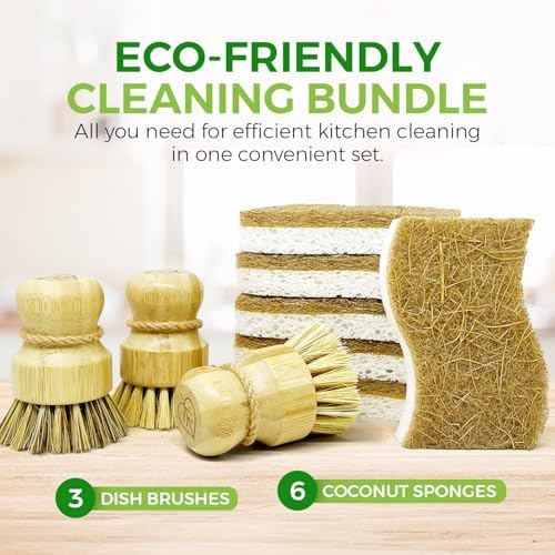 Bamboo Dish Brush Set of 3 and Natural Kitchen Sponges Pack of 6 - Plant-Based Kitchen Cellulose & Coconut Dish Scrubber Sponges with Dish Brush Bamboo with Sisal and Coconut Bristles, 2 Brush Types - Image 2