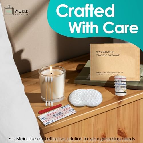 World Amenities Kraft Paper Grooming Kit - Travel Size Toiletries - Cotton Rounds, Bamboo Cotton Tips, Sewing Kit, Emery Board (100 Pack) - Image 3