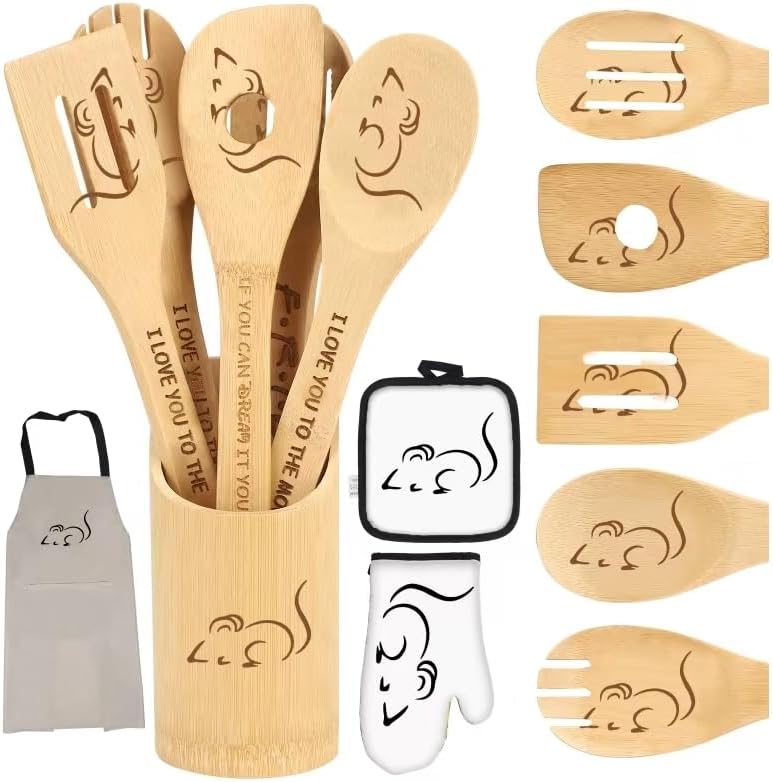 Wooden Spoon for Cooking - Cartoon Wooden Spoons Bamboo Utensils Set Kitchen Decoration- Birthday Gift Kitchen Accessory with Cute Apron Oven Mitt Potholder (mouse spoon-white) by Deikoliuna