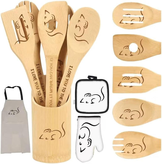Wooden Spoon for Cooking - Cartoon Wooden Spoons Bamboo Utensils Set Kitchen Decoration- Birthday Gift Kitchen Accessory with Cute Apron Oven Mitt Potholder (mouse spoon-white) by Deikoliuna