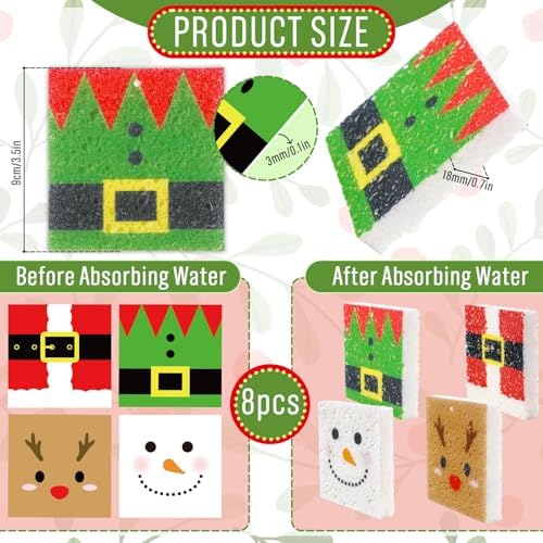 Whaline 8Pcs Christmas Character Kitchen Sponges Santa Reindeer Snowman Elf Water Absorbing Dish Washing Sponge Non Scratch Cleaning Scrub Sponges for Holiday Home Kitchen Bathroom - Image 2