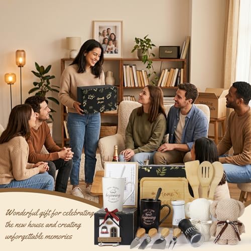 Housewarming Gifts for New Home, 18-Piece Gift Basket for Couples and Homeowners with Coffee Mugs, Bamboo Serving Board, Salt and Pepper Shakers, Towels, Utensils, Cheese Knives and Ornament - Image 7
