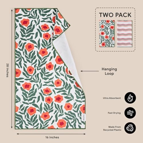 RECYCO Waffle Kitchen Towel Set of 2 - Quick Dry Microfiber Sustainable Dish Towels - Ultra Absorbent Reusable Cleaning Tea Towels - Lightweight Hand Towels,16”x 28”, Poppy Waves - Image 6