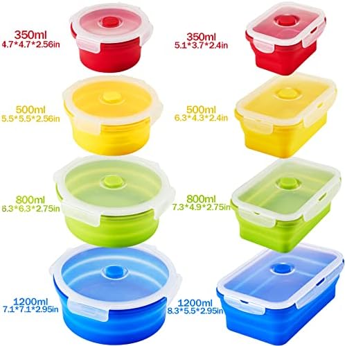 Zopeal 8 Pcs Collapsible Food Storage Containers Foldable Silicone Lunch Containers with Lids 4 Silicone Rectangle Collapsible Bowls and 4 Round Food Bowls Microwave Freezer Dishwasher Safe (Colorful) - Image 2
