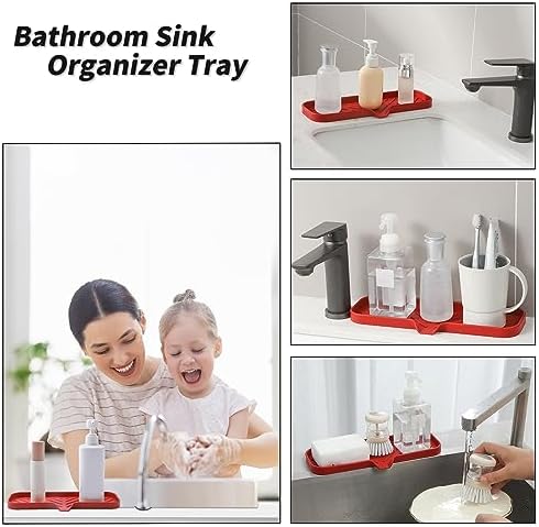 MicoYang Silicone Soap Dish with Drain Spout — Self-Draining Double Sink Organizer Tray for Kitchen & Bathroom, Dispensers, Sponges & Soap Holder, Non-Slip & Dishwasher Safe, Red (Large, 12"×4") - Image 4