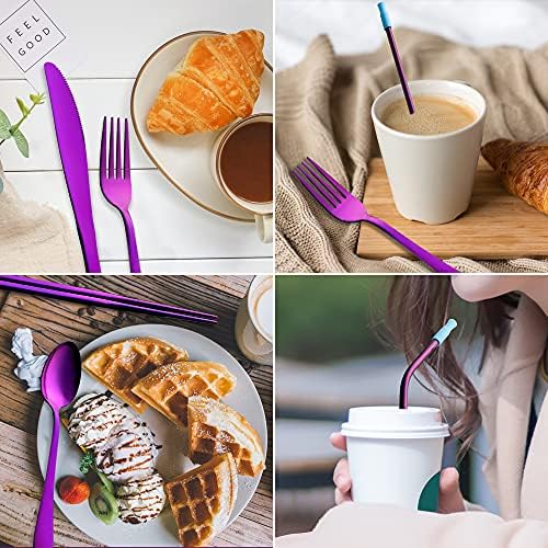 Travel Utensils Set with Case Reusable Portable Cutlery Set Stainless Steel 8pcs Including Dinner Knife Fork Spoon Chopsticks straws (Purple) - Image 4