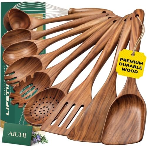 AIUHI 10 Pcs Wooden Spoons for Cooking, Teak Wooden Utensil Set for Nonstick Cookware, Wooden Kitchen Utensils Set with Whisk and Spaghetti Server by AIUHI