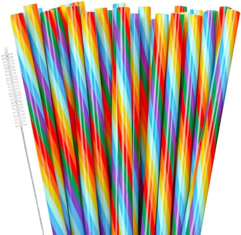 JANYUN 30 Pieces Rainbow Drinking Straws, 9inch Hard Platic Reusable Straws LGBT Gay Pride Colorful Rainbow Striped Straw for Pride Party Favors Decorations with Cleaning Brush by JANYUN