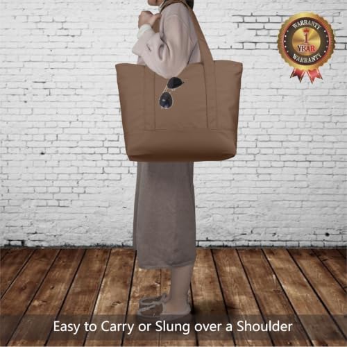 TOPDesign 6-Pack Canvas Tote Bags with an External Pocket, Reusable Grocery Shopping Bags, Top Zipper Closure, Daily Essentials (Brown) - Image 2