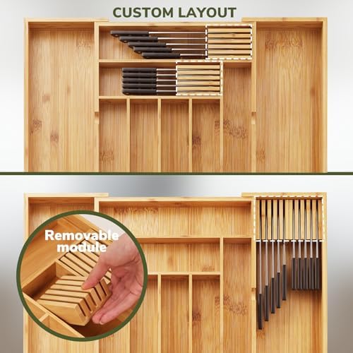 BAMEOS Bamboo Drawer Organizer Expandable Kitchen Silverware Organizer with 7-9 Deep Compartments, Bamboo Reinforced Cutlery Tray, Adjustable Utensil Holder for Kitchen(16.1"-22.4" Wide, Natural) - Image 5