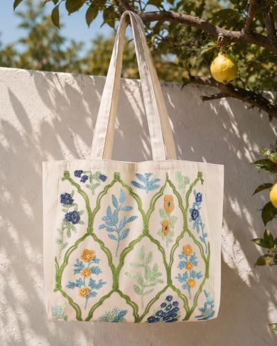 Floral Embroidery Canvas Tote Bag with Magnetic Closure for Daily - Image 3