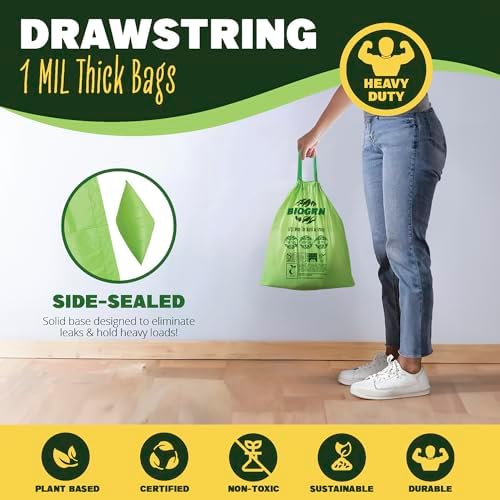 2.6-3 Gallon Compostable Trash Bags Drawstring 50 Bags Extra Thick 1 Mil 11.36 Liter Small Biodegradable Trash Bags for Kitchen Countertop Bin ASTM D6400, US BPI and OK Compost Home Certified - Image 3